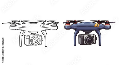 Drone with Camera, Line Art and Color Version