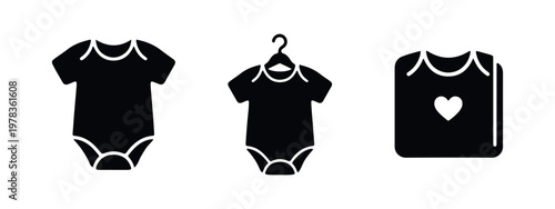 Vector icon set of baby onesies featuring a standard bodysuit, one on a hanger, and a folded garment with a heart. Black silhouettes on white.