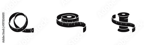Set of black measuring tape icons isolated on white. Professional tools for tailoring, sewing, fashion, and fitness measurements.
