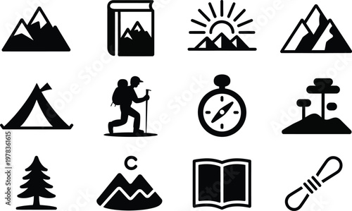 Icon set for hiking and outdoor adventure mountains tents compass with mountain icon tent icon backpack icon trekkers icon book icon sunrise icon tree icon rope icon outdoor activity