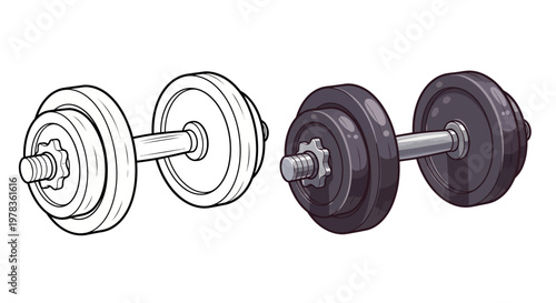Dumbbell illustration: line art and colored version side-by-side