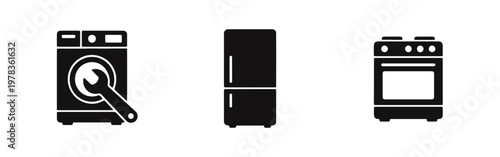 Minimalist black icons of a washing machine with a wrench, refrigerator, and gas stove on white. Ideal for appliance repair and service concepts.