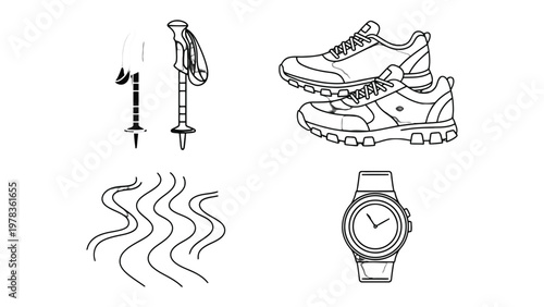 Essential Hiking Gear: The perfect collection of gear awaits the hiking aficionado. Depicted are essential tools for a safe and enjoyable journey through the trails. 