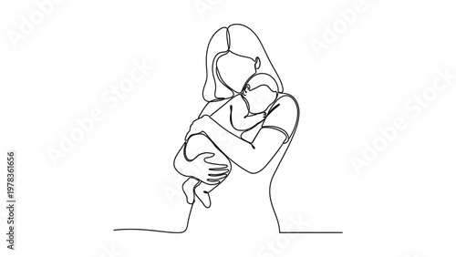 Continuous line drawing of a woman holding a baby close to her chest. Continuous line style. Hand drawn. Line art. Vector design. illustrations