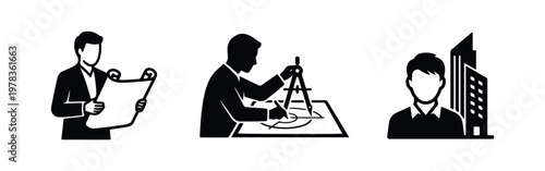 Set of architect and engineer icons showing a man with blueprints, drafting tools, and city buildings. Minimalist black vector silhouettes.