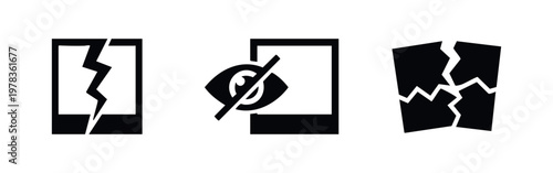 A set of three black minimalist icons representing a broken photo, hidden content with a crossed-out eye, and a shattered image file.
