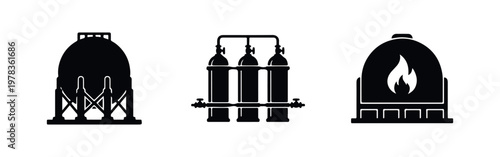 Set of industrial icons featuring a spherical gas tank, a series of pressurized gas cylinders, and a fuel storage dome with a flame symbol.