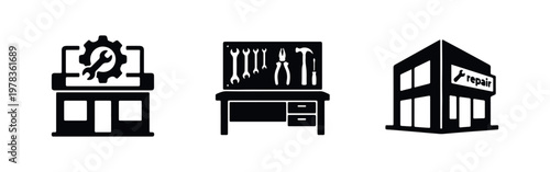 Set of three black repair shop and workshop icons featuring a storefront with gear, a tool workbench, and a service building on a white background.