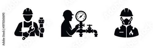 Collection of industrial worker icons featuring a plumber with a wrench, a technician monitoring a pressure gauge, and a specialist in a respirator.