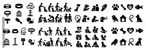 Pet care icons with bowl leash silhouette