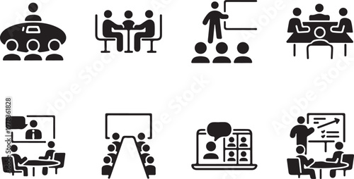 Various office and business meeting scenarios in a modern vector graphic illustration style