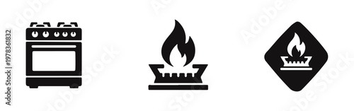 Set of minimalist black vector icons featuring a gas stove, burner, and flame. Ideal for kitchen, cooking, and natural gas energy concepts.
