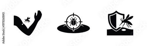 Set of icons for insect protection and pest control, including a mosquito bite on an arm, a targeted bug, and a defensive shield for skin safety.