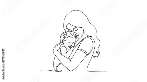 Continuous line drawing of a mother holding her baby close. Continuous line style. Hand drawn. Line art. Vector design. illustrations