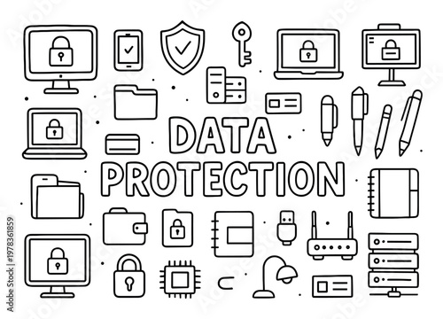 Data protection icons with lock server computer outline