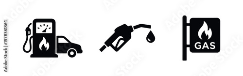 Set of minimalist black gas station icons featuring a fuel pump with a car, a gas nozzle with a drop, and a gas sign. Clean flat vector design.