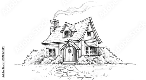 Charming Rustic Cottage House Line Art. Cozy Dream Home Illustration for Real Estate, Family, Storybooks, Web Design.