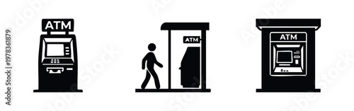 Set of minimalist black and white ATM icons featuring various machine designs and a person using a cash dispenser kiosk for banking and finance.