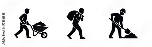 Minimalist black silhouettes of construction workers engaged in manual labor tasks, including shoveling, pushing a wheelbarrow, and carrying a sack.