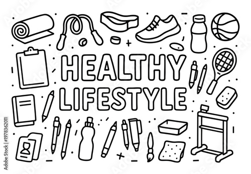 Healthy lifestyle icons with sneakers bottle outline