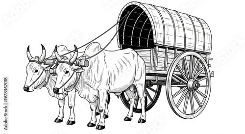 Oxen Pulling Vintage Cart for Rural Transport and Historical Depiction