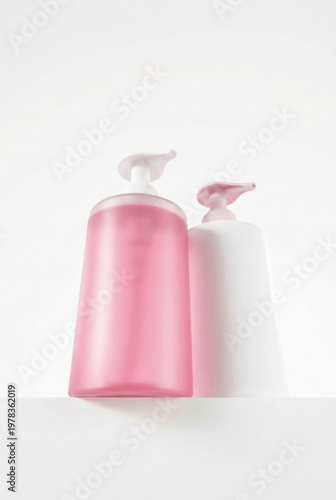 Pair of Frosted Pink and Solid White Cosmetic Pump Bottles for Shampoo or Lotion. Aesthetic Beauty Product Packaging Mockup