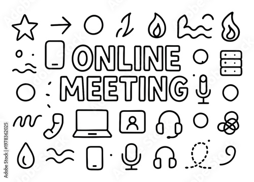 Online meeting icons with laptop headset microphone outline