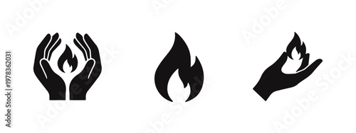 Set of minimalist black silhouette icons featuring flames and hands holding fire. Symbols for warmth, energy, protection, and hope on white background.