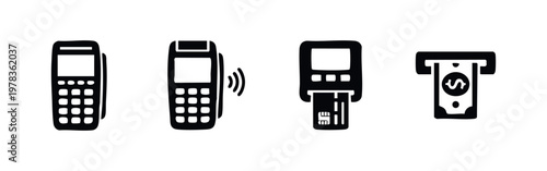 Collection of hand-drawn black and white payment icons including POS terminals, contactless pay, credit card reader, and ATM cash withdrawal.