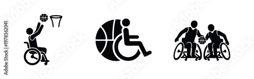 Set of black silhouettes showcasing wheelchair basketball players in action, including shooting, dribbling, and competing on a white background.