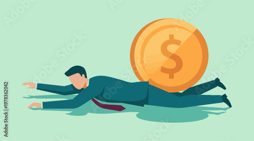 Businessman struggling under the weight of a large dollar coin, financial burden