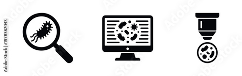 Microbiology and lab research icon set featuring microbes under a magnifying glass, computer screen analysis, and microscope lens view. Black icons.