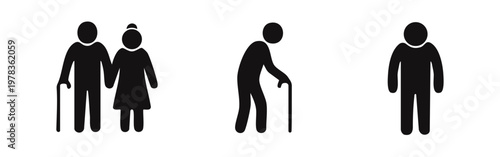 Set of minimalist black icons representing elderly seniors, including a couple holding hands and individuals using walking canes on a white background.