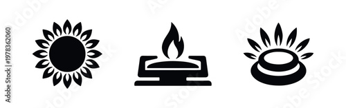 A collection of three minimalist black gas burner and flame icons, ideal for representing kitchen appliances, cooking, or natural gas energy.