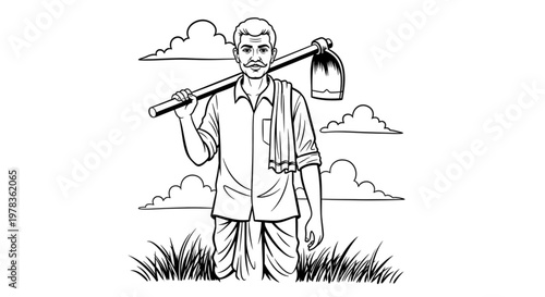 Farmer Carrying Hoe on Shoulder in Field, Rural Agriculture, Sustainable Farming, Harvest Season, Hard Work, Countryside Life