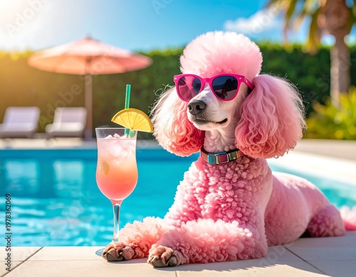 Pink poodle with pink shades by a pool with cocktail on a sunny day