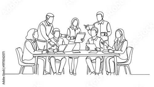 A group of business people meeting. Continuous line style. Hand drawn. Line art. Vector design. illustrations