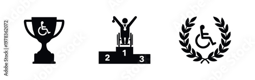 Set of black icons for disability sports achievement, featuring a trophy, an athlete on a podium, and a laurel wreath with wheelchair symbols.