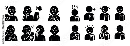 Communication icons with phone face hand glyph