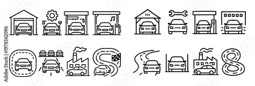 Automotive icons with car garage road outline