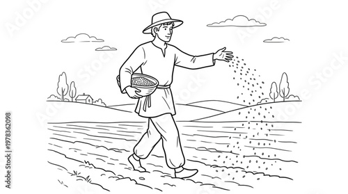 Farmer Sowing Seeds in Field for Agricultural Growth and Harvest Season, Inspiring Hope and Renewal