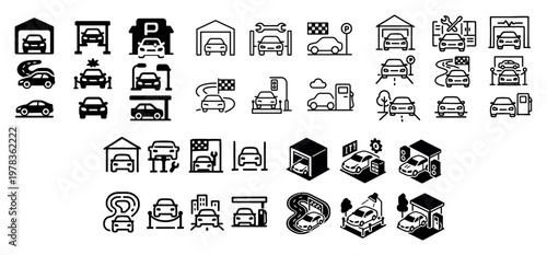 Automotive icons with car garage gas repair isometric