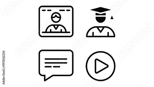 Online Learning Icon Set: A collection of concise symbols representing various facets of digital education and interactive communication.