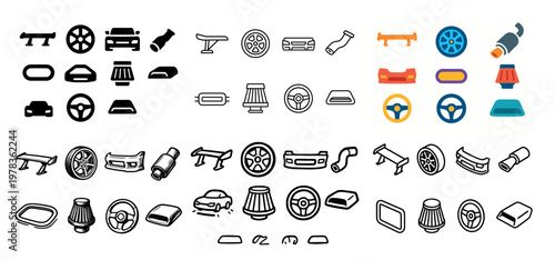 Automotive icons with wheel steering bumper minimal