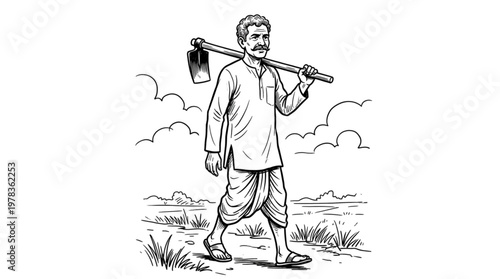 Farmer Walking in Field with Hoe, Rural Agriculture, Hard Work, Sustainable Farming, Countryside Life, Organic Harvest, Food