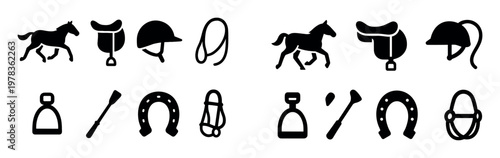 Equestrian icons with horse saddle helmet minimal