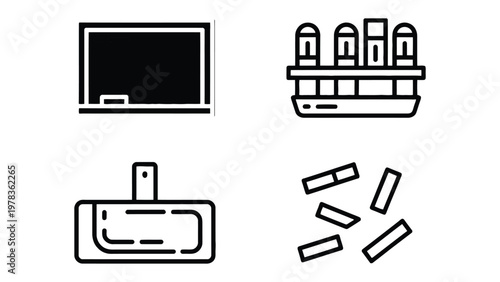 Education Essentials: A collection of educational icons, including a blackboard, test tubes, an eraser, and chalk, symbolizing learning and knowledge.