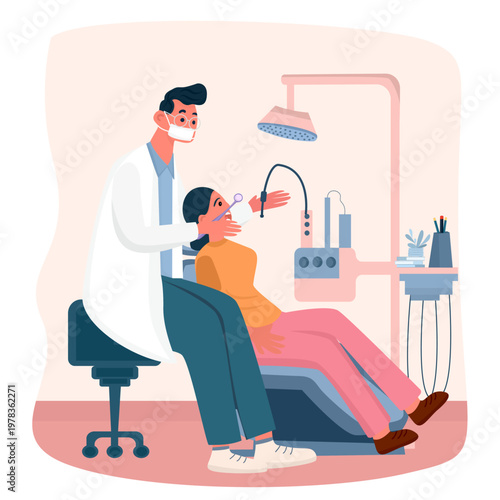 Flat vector illustration of a dentist examining an adult patient in a dental chair. Professional dental checkup and oral healthcare service in a modern clinic isolated on a light background.