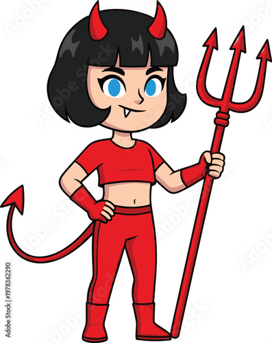 Cartoon illustration of playful devil character with red outfit, horns, trident, pointed tail, confident pose for fantasy or Halloween design