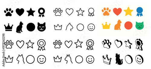 Pet icons with paw cat crown flat color